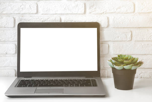 istock Mock up laptop computer white blank screen on work table front view. succulent plant and white brick wall 1194138986