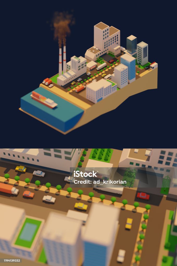 3D simple City Art wok (3D Rendering) Isometric Projection Stock Photo