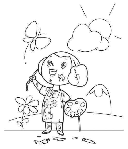 Coloring Book Little Girl Painting And Drawings On The Wall Stock  Illustration - Download Image Now - iStock