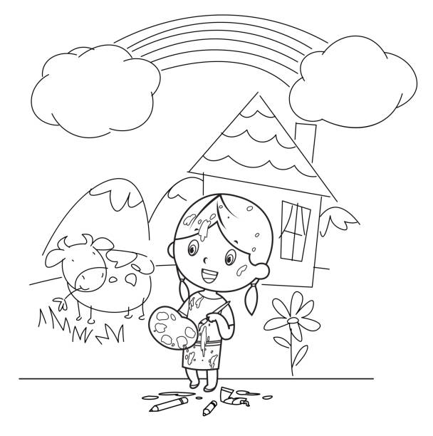 Coloring Book Cute Kids Painting And Drawings On The Wall Stock  Illustration - Download Image Now - iStock