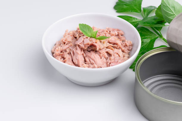 istock Canned tuna in a white bowl, isolated on white; empty open tuna tin on a white background; copy space, soft light, studio shot 1194140482