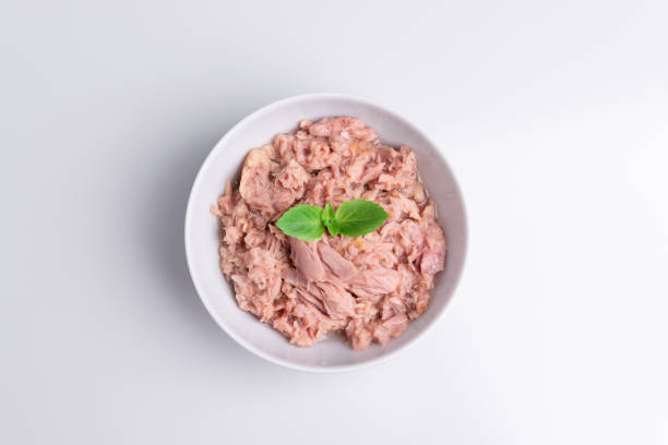 istock Canned tuna in a white bowl, isolated on white background; copy space, soft light, studio shot 1194140969