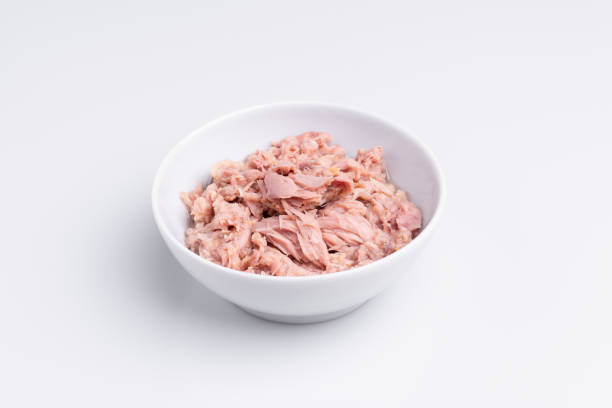 istock Canned tuna in a white bowl, isolated on white background; copy space, soft light, studio shot 1194141479