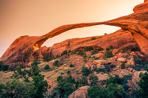 Landscape Arch at sunset in Arches National Park, UT.