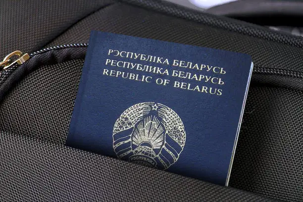Photo of a single suitcase made of fabric material and one passport in pocket.