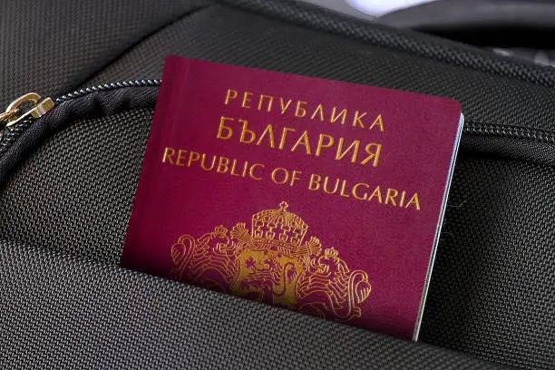 Photo of a single suitcase made of fabric material and one passport in pocket.