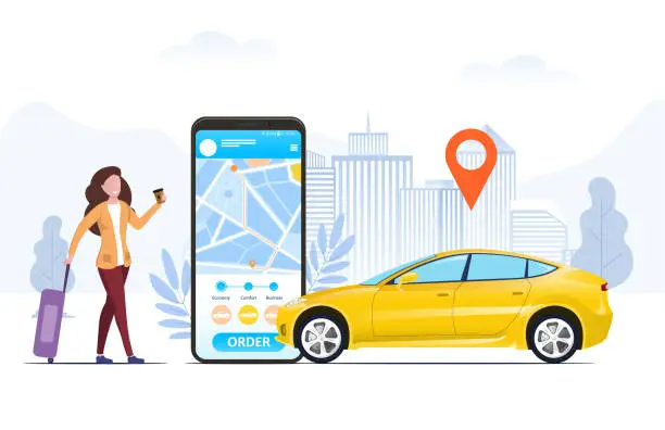 Vector illustration of Tourist with a suitcase using a ride hailing app