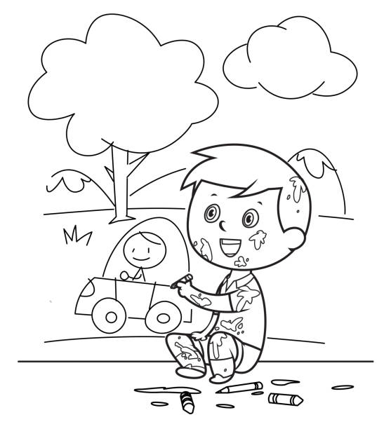 Coloring Book Cute Boy Painting And Drawings On The Wall Stock Illustration  - Download Image Now - iStock