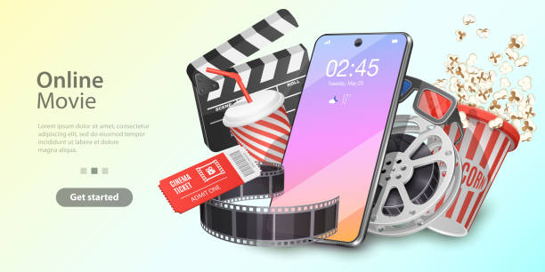 Mobile movie theater, online cinema watching, cinematography and filmmaking. Mobile movie theater, online cinema watching, cinematography and filmmaking, ticket ordering. Vector template for web banner or website landing page. landing page photos stock illustrations
