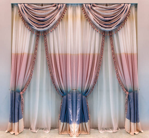 istock Curtains with blue and pink stripes decorated the classical pelmet 1194146784