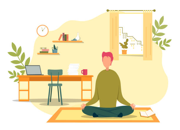 Man Meditate Sitting in Lotus Position on Floor Cartoon Man Meditate Sitting in Lotus Position. Meditation on Floor Carpet at Living Room in Morning Vector Illustration. Relaxation Time, Yoga Practice, Mindfulness, Concentration meditation room stock illustrations