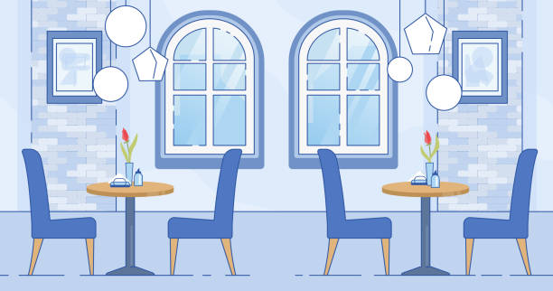 Modern Cafe Room Interior in Blue White Color Modern Cafe Interior in Blue White Color Vector Illustration. Empty Room with Wooden Tables, Chairs, Glass Lamp on Ceiling, Picture on Wall, Window. Cafeteria Building, Restaurant Business pics of restaurant ceiling design stock illustrations