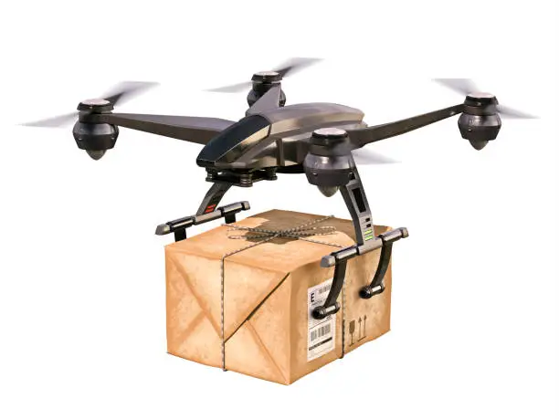 Quadrocopter carrying carton box isolated on a white background.