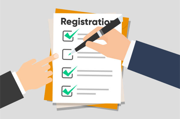 Man hold Registration clipboard with checklist. Man hold in hand clipboard agreement. Flat design, vector illustration Man hold Registration clipboard with checklist. Man hold in hand clipboard agreement. Flat design, vector illustration on background voter registration stock illustrations