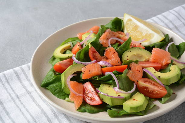 istock Mediterranean Avocado Salmon Salad 1194157226