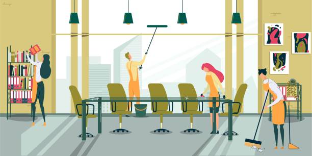 Team Cleaning Conference Hall with Equipment. Team Cleaning Conference Hall with Professional Equipment Flat Cartoon Vector Illustration. Man Cleaning Big Window. Women Doing Different Activities as Sweeping Floor, Wiping Dust on Table, Shelf. school cleaning stock illustrations