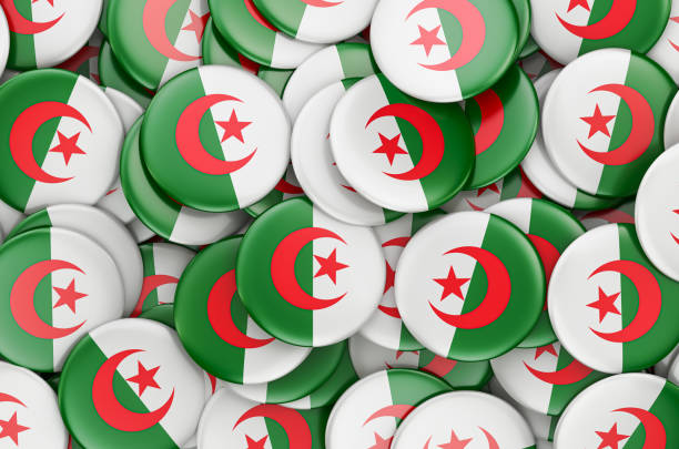 Flag of algeria, glossy round button with white frame isolated on white. 3D illustration