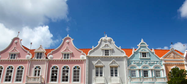 Row of colorful building facades in Oranjestad Aruba stock photo
