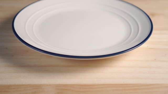 Close-up of a white plate with a blue stripe around the edge