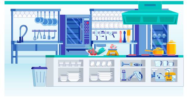 Professionally Equipped Kitchen, Rich Restaurant. Professionally Equipped Kitchen, Rich Restaurant. Room have lot Various Equipment, under Cutting Table there Tableware for Presentations Dishes. There large Oven and Hood on Ceiling near Wall. pics of restaurant ceiling design stock illustrations
