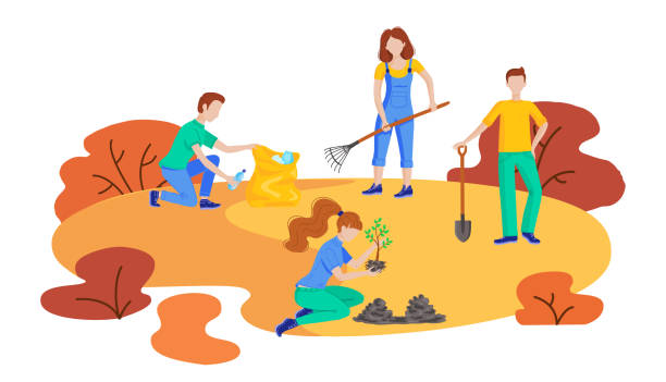 ilustrações, clipart, desenhos animados e ícones de voluntários plantam árvores, limpando lixo. - mulher catando lixo