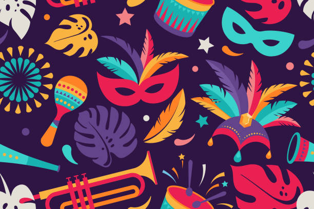 illustrazioni stock, clip art, cartoni animati e icone di tendenza di carnevale brasiliano, festival musicale, motivo senza cuciture mascherato - carnevale