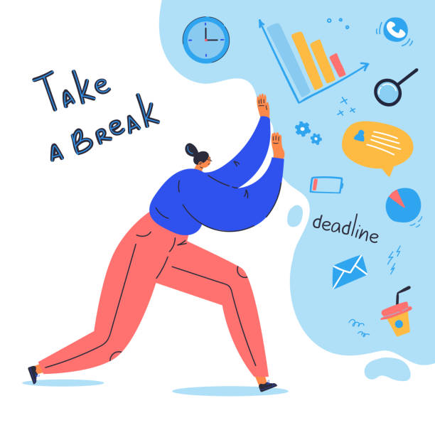 Young woman against the routine.Take a break text Young woman against the routine push away different items from her life.Take a break lettering.Cartoon character isolated on white background.Flat color vector illustration.Poster burnout prevention workplace absence stock illustrations