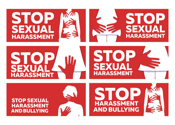 illustrations, cliparts, dessins animés et icônes de stop sexual harassment and bulling banner on red background. étiquette et logo sur l'égalité des sexes. relation toxique. illustration de vecteur de concept - sexual violence illustrations