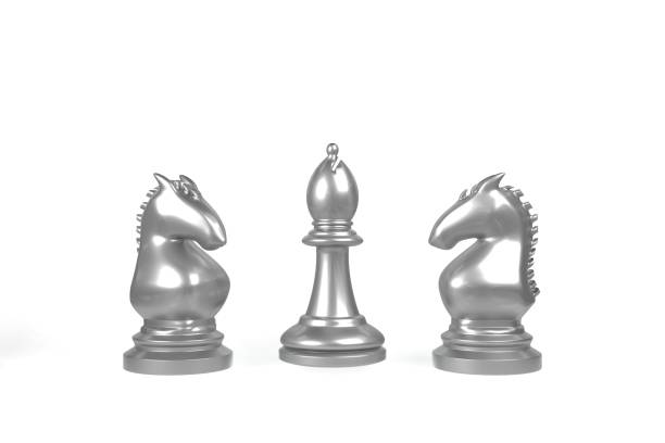 istock Set of chess checkmate concept .3D rendering illustration of silver metallic chess figures with major and minor pieces isolated on white background . High resolution 3D render image 1194184737