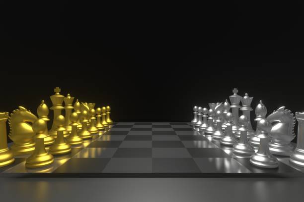 istock Set of chess checkmate concept .3D rendering illustration of gold-silver metallic chess figures with major and minor pieces isolated on black background . High resolution 3D render image 1194185103