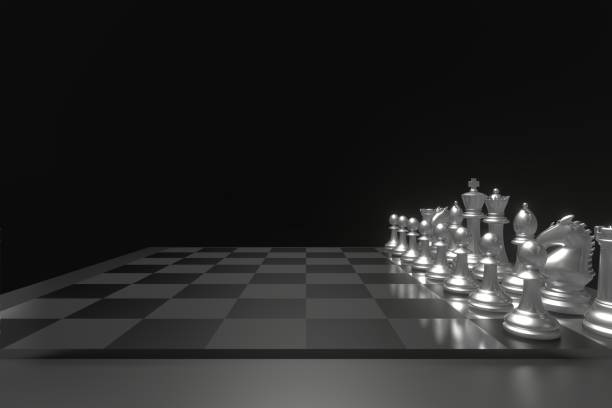 istock Set of chess checkmate concept .3D rendering illustration of silver metallic chess figures with major and minor pieces isolated on black background . High resolution 3D render image 1194185109