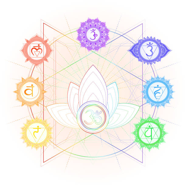 vektor-illustration von sieben chakra-symbole, om zeichen, heilige lotus und geometrische muster. - wirbelkanal stock-grafiken, -clipart, -cartoons und -symbole