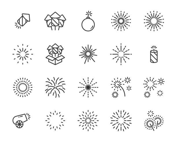 ilustraciones, imágenes clip art, dibujos animados e iconos de stock de conjunto de iconos de fuegos artificiales, feliz año nuevo, bomba, celebración - pyrotechnics