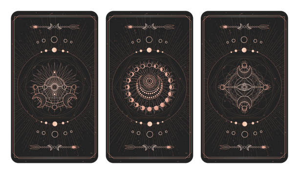 Vector set of three dark backgrounds with sacred symbols, grunge textures and frames. Illustration in black and gold colors. Vector set of three dark backgrounds with sacred symbols, grunge textures and frames. Abstract mystic signs drawn in lines. Illustration in black and gold colors. For you design and magic craft. occult symbols stock illustrations