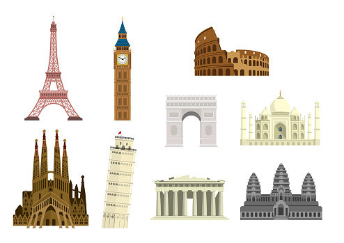 World famous buildings vector illustration set ( world heritage ) / Eiffel tower, Sagrada Familia etc.
