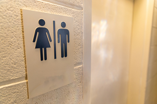 Unisex Bathroom sign with both male and female symbols, with copy space.