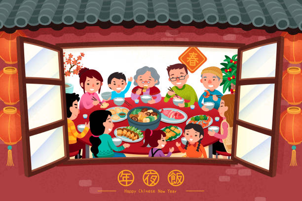 Family enjoy reunion dinner Family enjoy reunion dinner scene which look through from window in flat style, Chinese text translation: spring, reunion dinner family dinner stock illustrations
