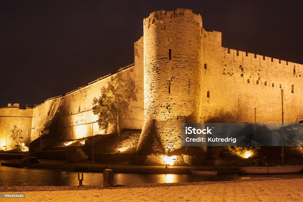 Night view of the Kyrenia Castle in Northern Cyprus. The 16th-century castle was built by the Venetians over a previous Crusader fortification. Kyrenia Stock Photo