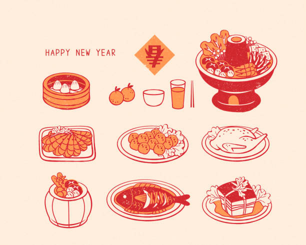 Chinese traditional dishes set Attractive traditional dishes set for new year in line style, Chinese text translation: Spring chinese food stock illustrations