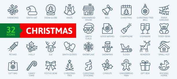 ilustrações de stock, clip art, desenhos animados e ícones de christmas elements - minimal thin line web icon set. outline icons collection. simple vector illustration. - cookie christmas gingerbread man candy cane