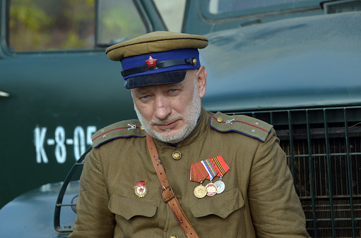 Liberation of Kiev from nazis reenactment.An unidentified person wears historical Soviet uniform . At November 7,2013 in Kiev, Ukraine