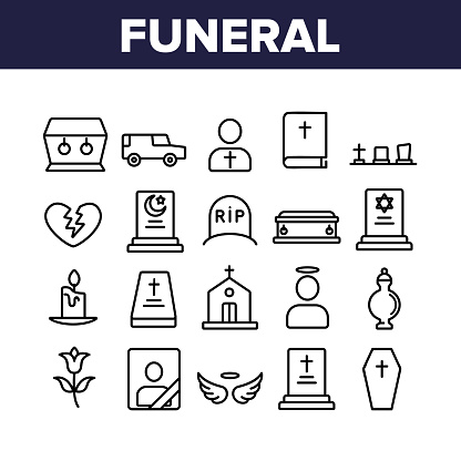 Funeral Burial Ritual Collection Icons Set Vector Thin Line. Funeral Ceremony, Coffin And Bible, Car And Church, Broken Heart And Candle Concept Linear Pictograms. Monochrome Contour Illustrations