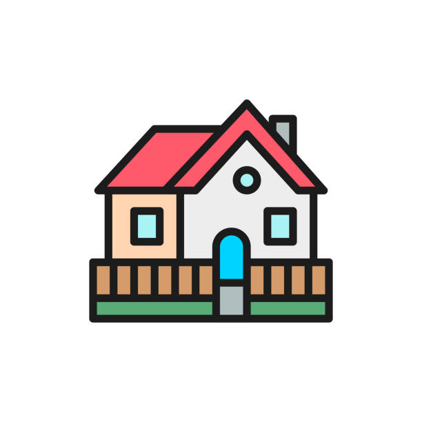 stockillustraties, clipart, cartoons en iconen met vector vakantiehuis, landhuis platte kleur lijn pictogram. - wijkverpleging