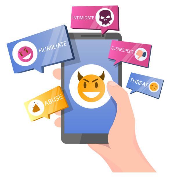 Social media bullying vector concept for web banner, website page Hand holding smartphone with dislikes, bad comments, insulting messages, vector illustration. Internet trolling, social media bullying, cyberbullying, digital harassment concept for website page etc cyberbullying stock illustrations