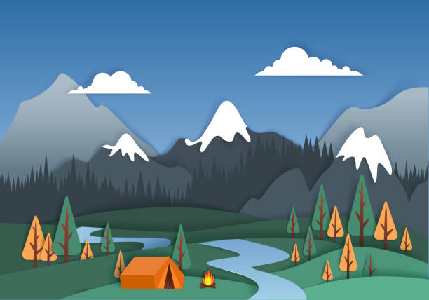 illustrazioni stock, clip art, cartoni animati e icone di tendenza di campo di montagna, illustrazione vettoriale in stile carta d'arte - camping picnic mountain vector