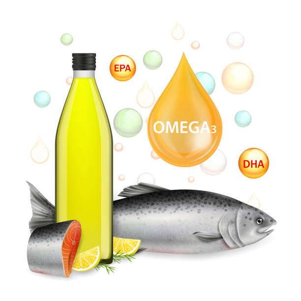 odżywianie omega 3 olej z ryb, wektor realistyczna ilustracja - omega three stock illustrations