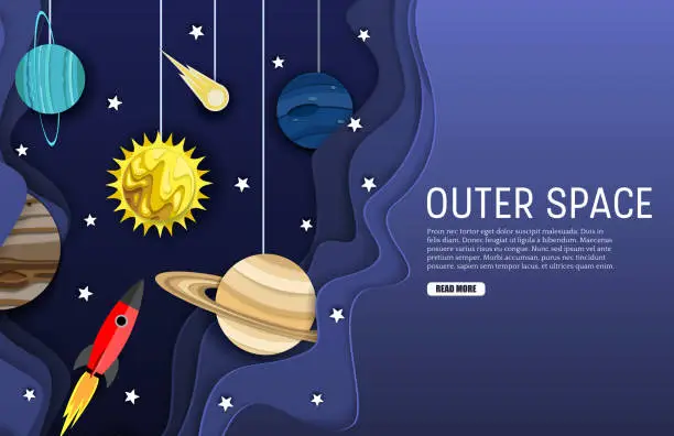 Vector illustration of Outer space web banner template, vector layered paper cut style