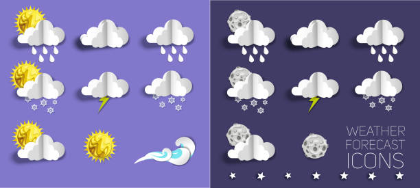 ilustrações de stock, clip art, desenhos animados e ícones de weather forecast icon set, vector illustration in paper art style - meteo