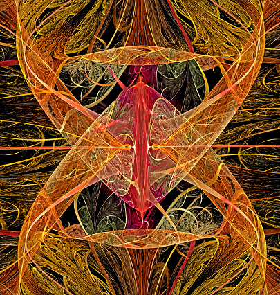 abstract fractal computer generated image of a multicolored geometric pattern on a dark background, can be used to create a background