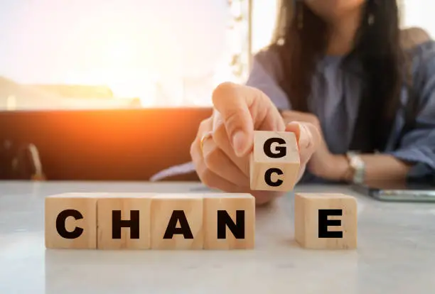 Businesswoman hand holding wooden cube with flip over block CHANGE to CHANCE word on table background. success, strategy, solution, business and Positive thinking concepts